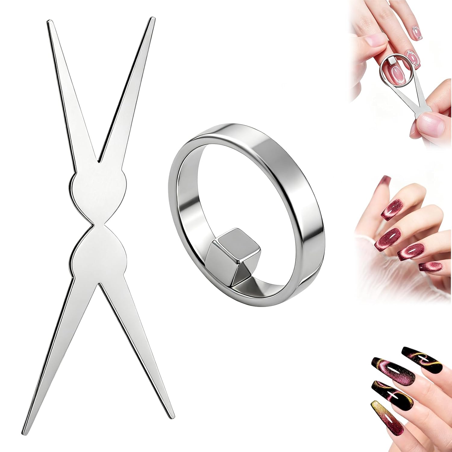 2-in-1 Cat Eye Nail Magnet Set, Hollow Ring with Square Magnet & French Y Magnet, Portable Nail Art Tool for DIY Manicure Home Salon