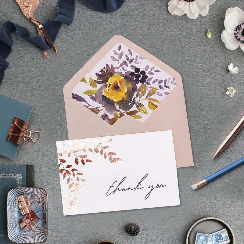 Image of mudrit 40 Blank Gold Foil Thank You Cards with Liner Envelopes & Floral Stickers for Weddings, Bridal Shower, Engagement, Baby Shower, Business