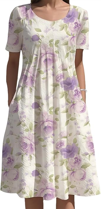 DMOYALA Summer Midi Dresses for Women 2026 Trendy Boho Floral Dress Short Sleeve Sundress Beach Vacation Outfits with Pockets