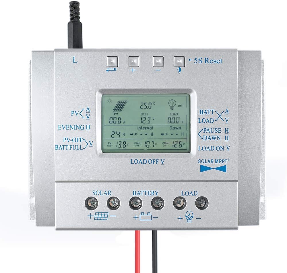 80A Solar Charge Controller 80 amp Solar Panel Regulator with Load Timer, 12V 24V Auto with LCD Display USB 5V 1500mA and Usd for Control Landscape Lights and Water Features