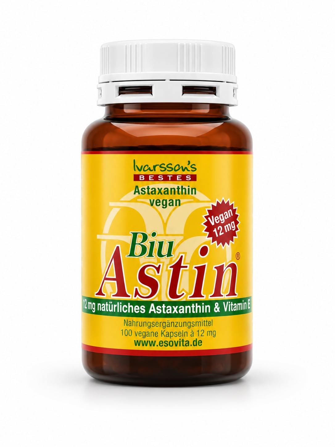 Astaxanthin I 100 Kapseln vegan I Ivarssons BiuAstin I 12 mg natürliches Astaxanthin aus Hawaii I mit Vitamin E