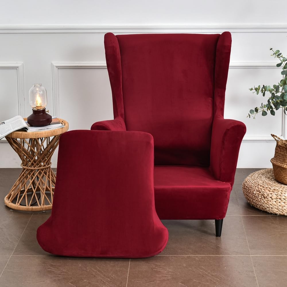 Wingback Chair Covers 2 Piece, Velvet Wing Chair Slipcover Stretch Slipcovers for Wing Chair Armchair Cover with Elastic Bottom, Furniture Protector for Living Room Bedroom (Burgundy red)