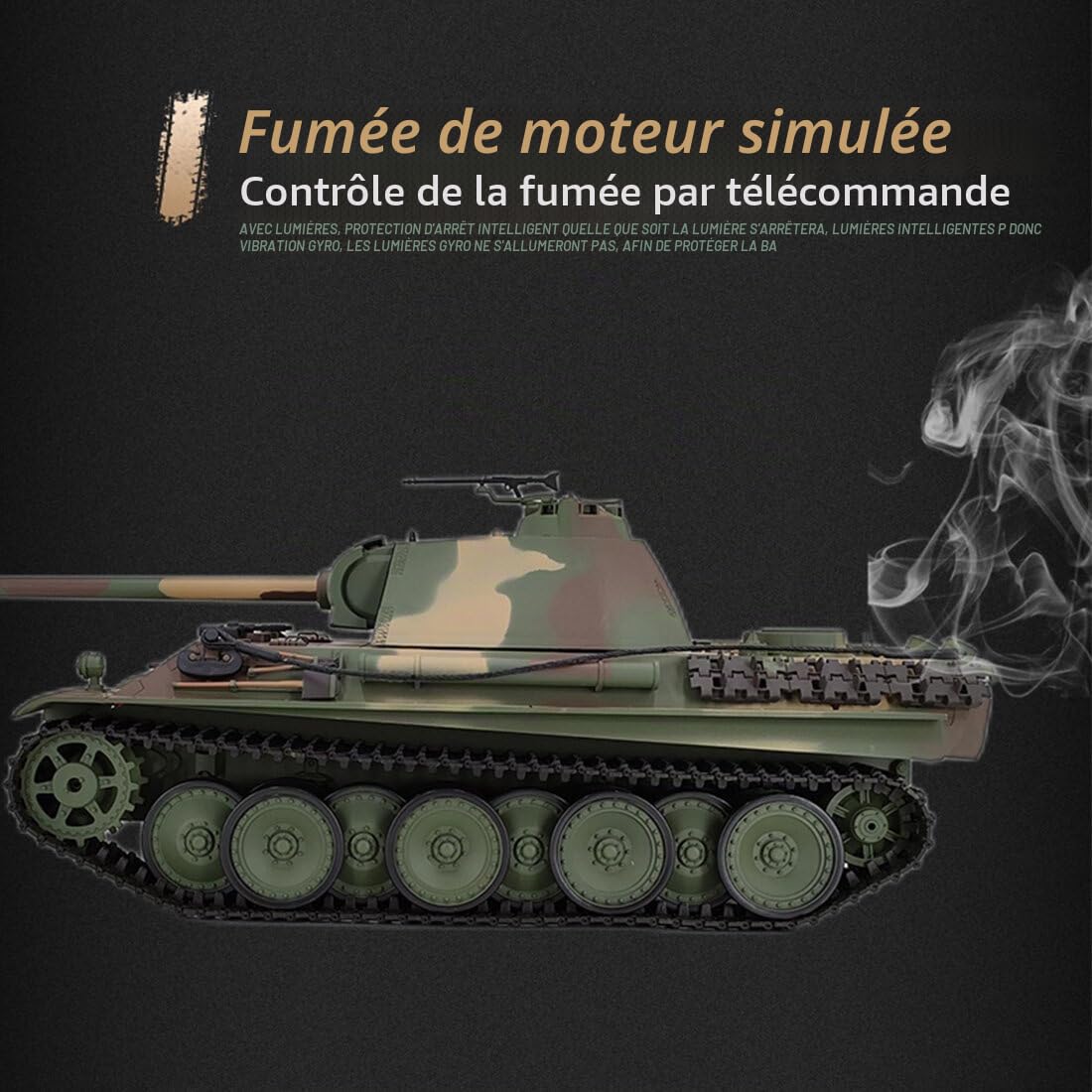 KAML Télécommandé 1:16 2.4Ghz RC Modèle de Tank Allemand Panther G - Char Avec Fonction de Prise de Vue, Effet Sonore, Lumière LED, Fumée - Cadeau Militaire