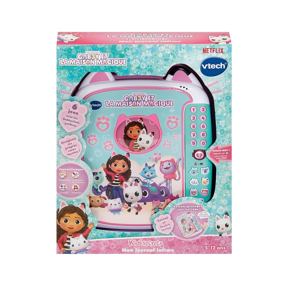 VTech - KidiSecrets Mon Journal Intime Gabby et La Maison Magique - Journal Intime Électronique avec Code Secret, Carnet, Feutre et 6 Jeux Gabby Chat - Cadeau Enfant Dès 5 Ans - Contenu en Français