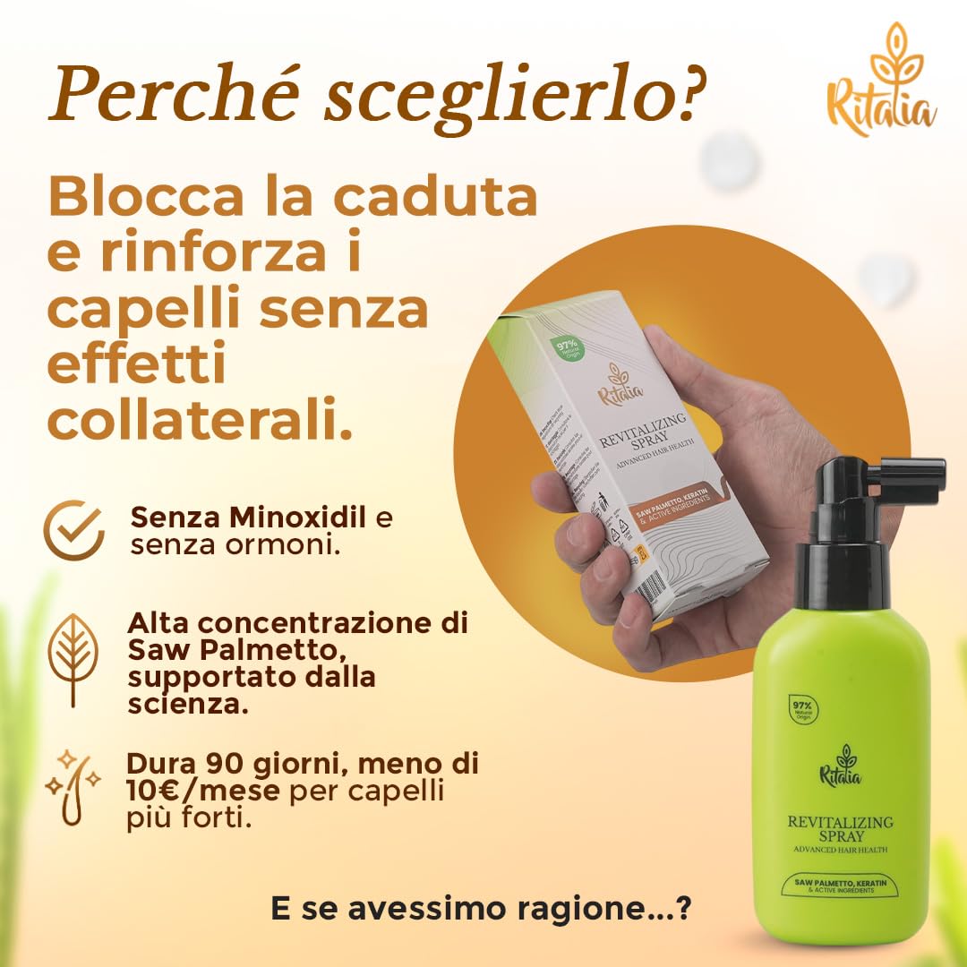 Ritalia Lozione Crescita Capelli | Con Serenoa Repens, Caffeina, Cheratina | Texture leggera, facile assorbimento | Per capelli uomo donna