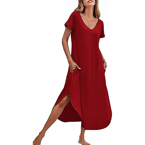 Ekouaer Nightgowns for Women V Neck Nightshirts Short Sleeve Soft Sleepwear Side Split Pockets Long Nightdress S-3XL