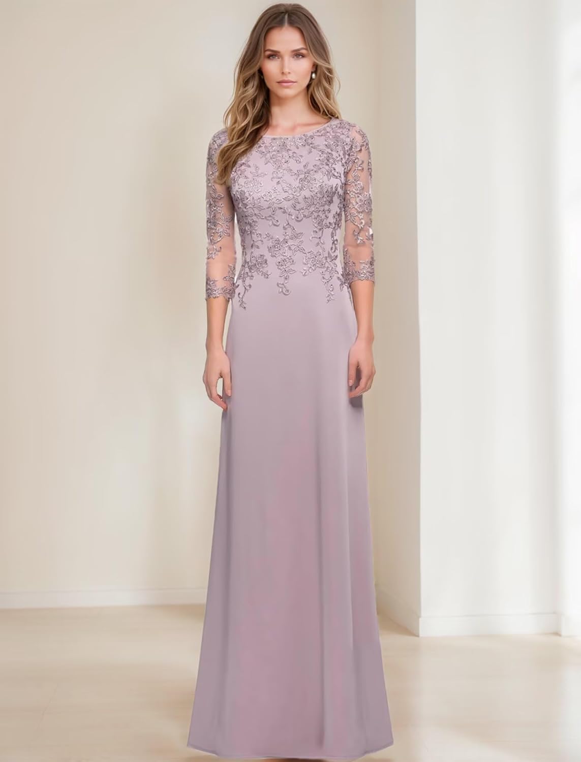 Scoop Neck Chiffon Mother of The Bride Dresses for Women 3/4 Sleeves Lace Applique Dressy Mother of The Groom Dresses - Image 2