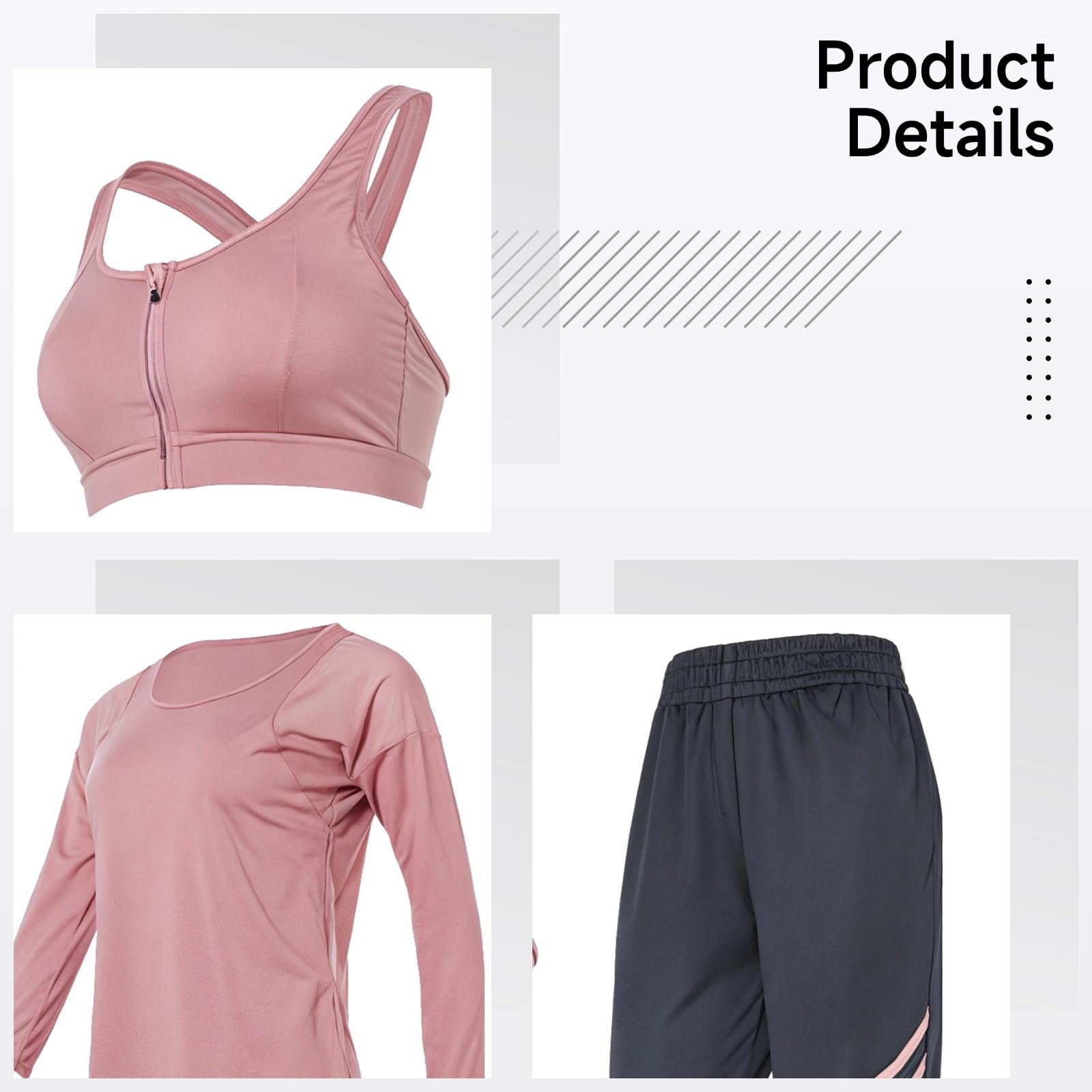 Conjunto de ropa deportiva de 3 piezas para mujer XXL, incluye manga larga, camiseta sin mangas y pantalones, tela elástica transpirable, se adapta a cuerpos de 45-75 kg, 155-180 cm, rosa, Talla única