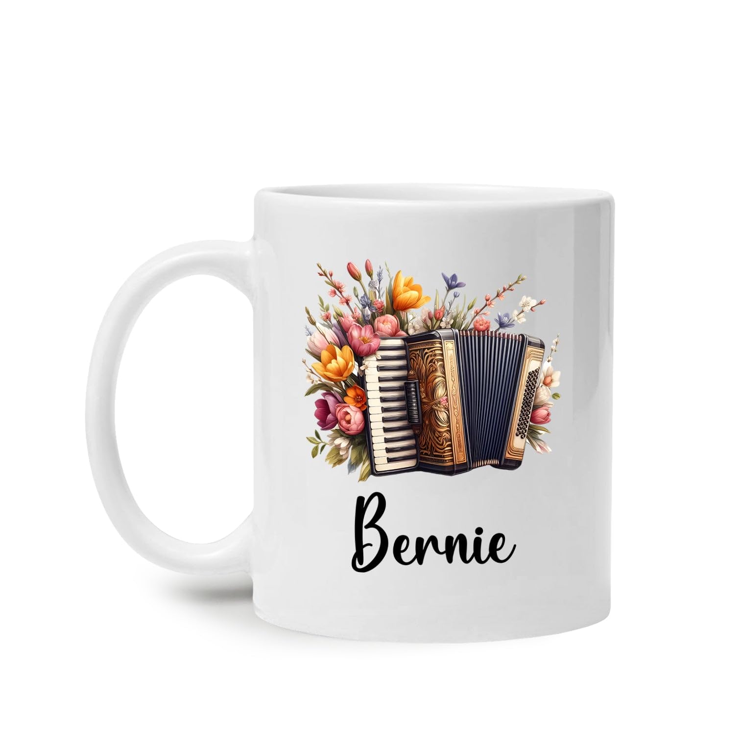 Floral Accordion Travel Cup, Customized Name Musical Instrument Cup Gifts, Accordion Musical Instrument White Tea Mug, Personalized Accordion Player Coffee Cup, Instrument Ceramic Mugs 11 15oz
