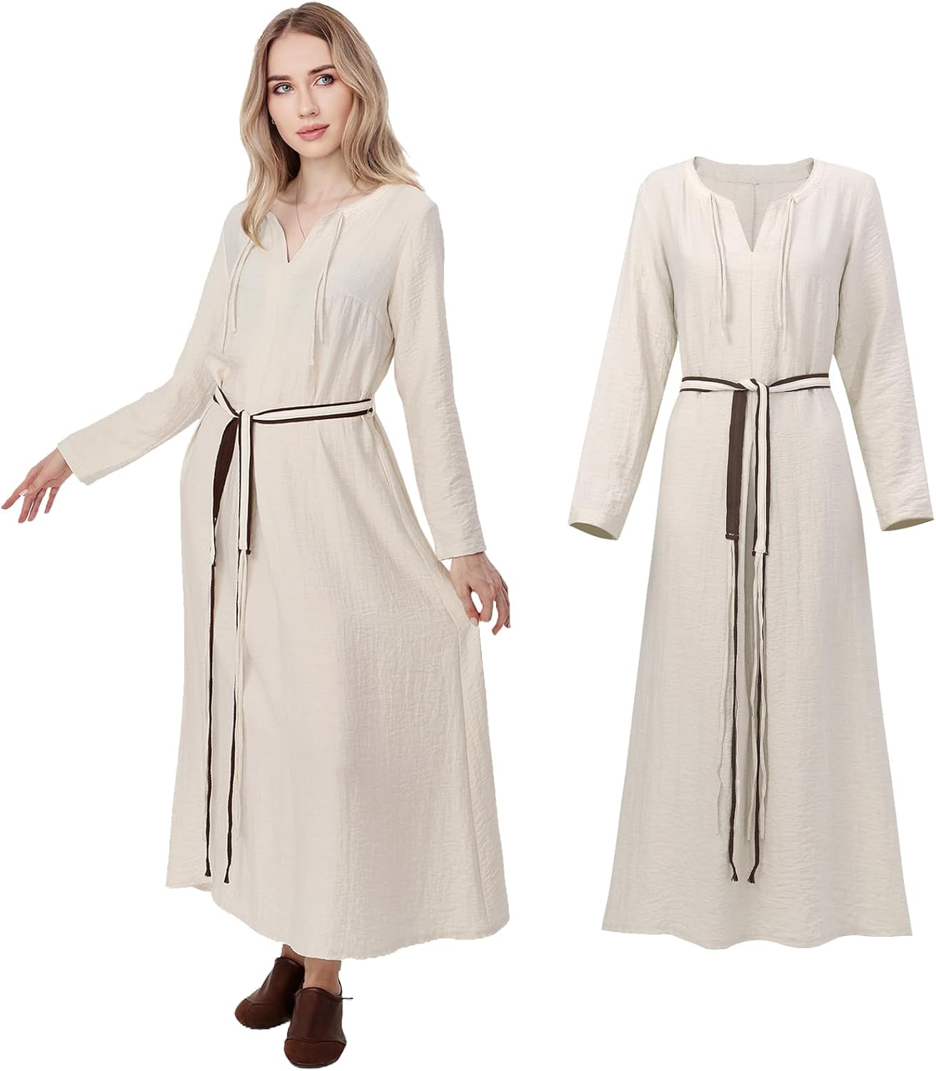 Womens Peasant Dress with Belt Linen Tunic Underdress for Medieval Renaissance Halloween Cosplay Costume Maxi - Image 3