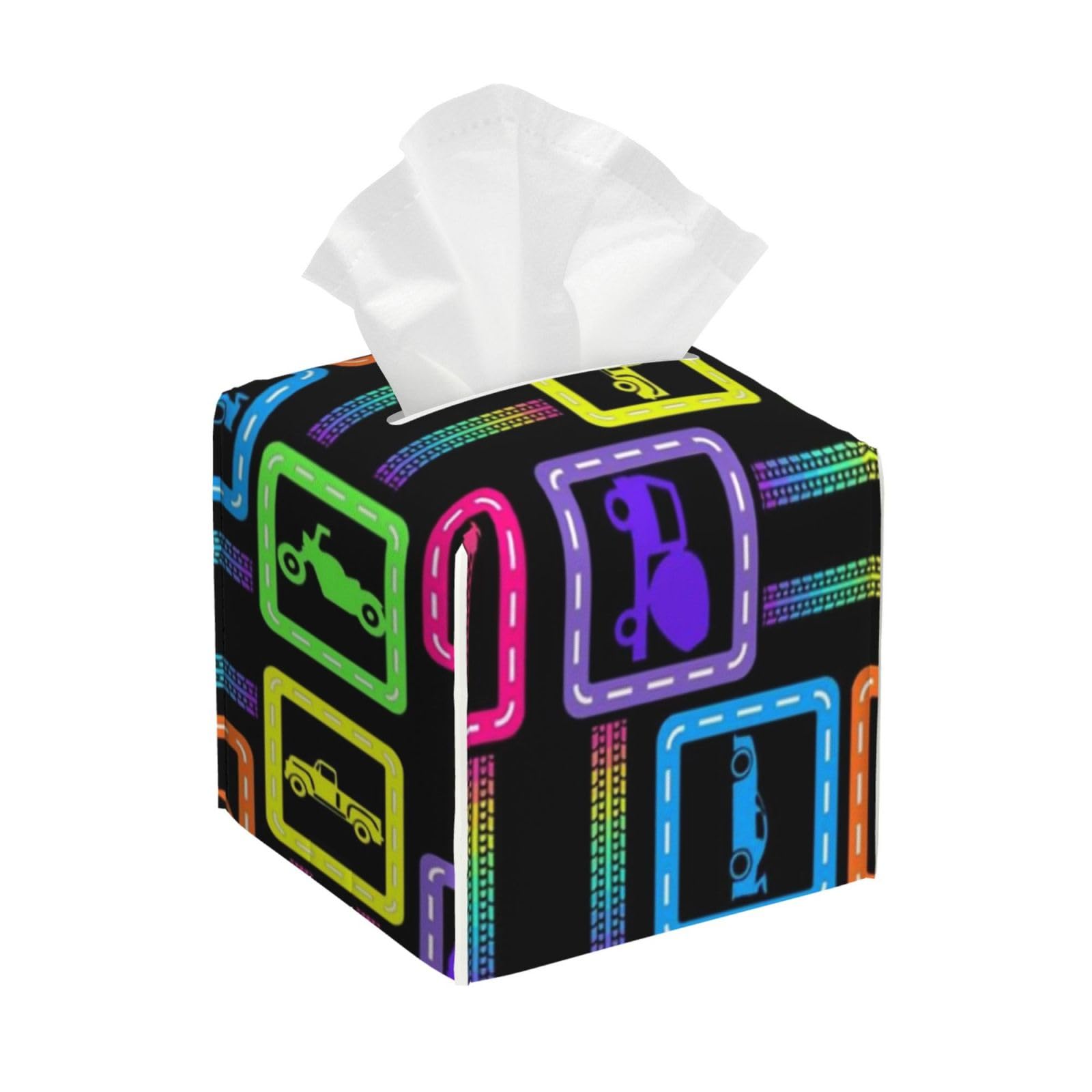 Rainbow Geometric Vehicles Tissue Box Cover 5" Square Leather Tissue Holder Facial Tissue Case for Tabletop Bedroom Bathroom Desk Decor