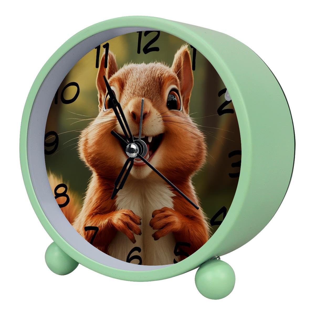 Luoweisi Analog Alarm Clock Squirrel, Silent Non-Ticking with Night Light, Battery Operated, Round Desk Alarm Clock for Office, Bedroom, Elderly, Adults, Children, Student Gifts