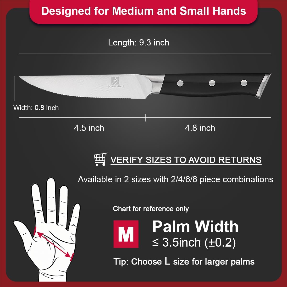 Medium Steak Knives Set of 8, 4.5 Inch High-Carbon Stainless Steel Serrated Steak Knife,Ergonomic Black Handles,Razor-Sharp, Dishwasher Safe, Rust-Resistant & Durable,Full Tang With Excellent Gift