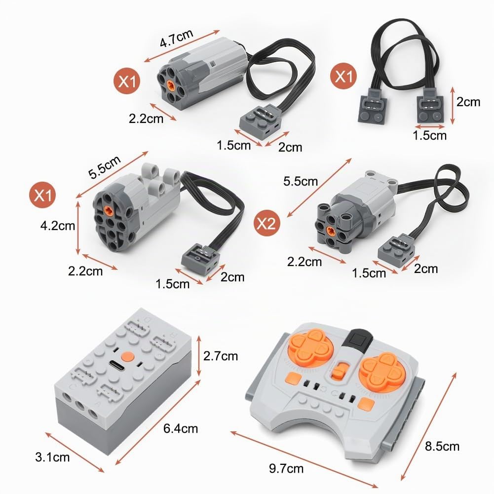 LOMUG Power Functions Kit de moteurs avec moteur, télécommande, boîtier de batterie, moteur M/L, câble d'extension compatible avec de nombreux modèles