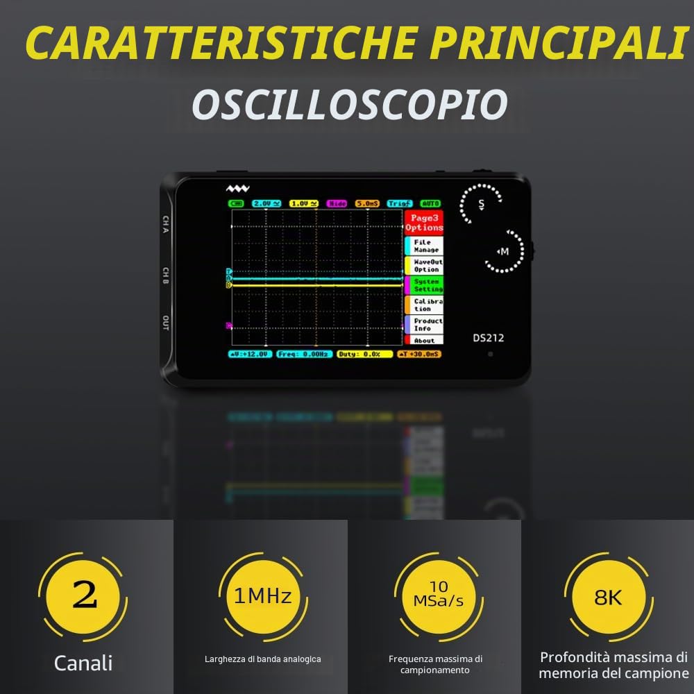 MINIWARE Oscilloscopio Tascabile DS212, Portatile Ridotte Palmare, Batteria Ricaricabile Incorporata, 2 Canali, Larghezza di Banda 1 Mhz, Oscilloscopio Entry Level per Principianti
