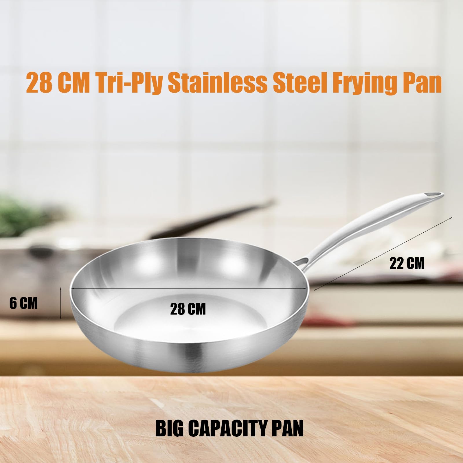 LOLYKITCH 28 CM Tri-Ply Stainless Steel Frying Pan with Lid,Detachable Ergonomic Handle,Compatible with Induction Stove,Oven Safe - Image 3