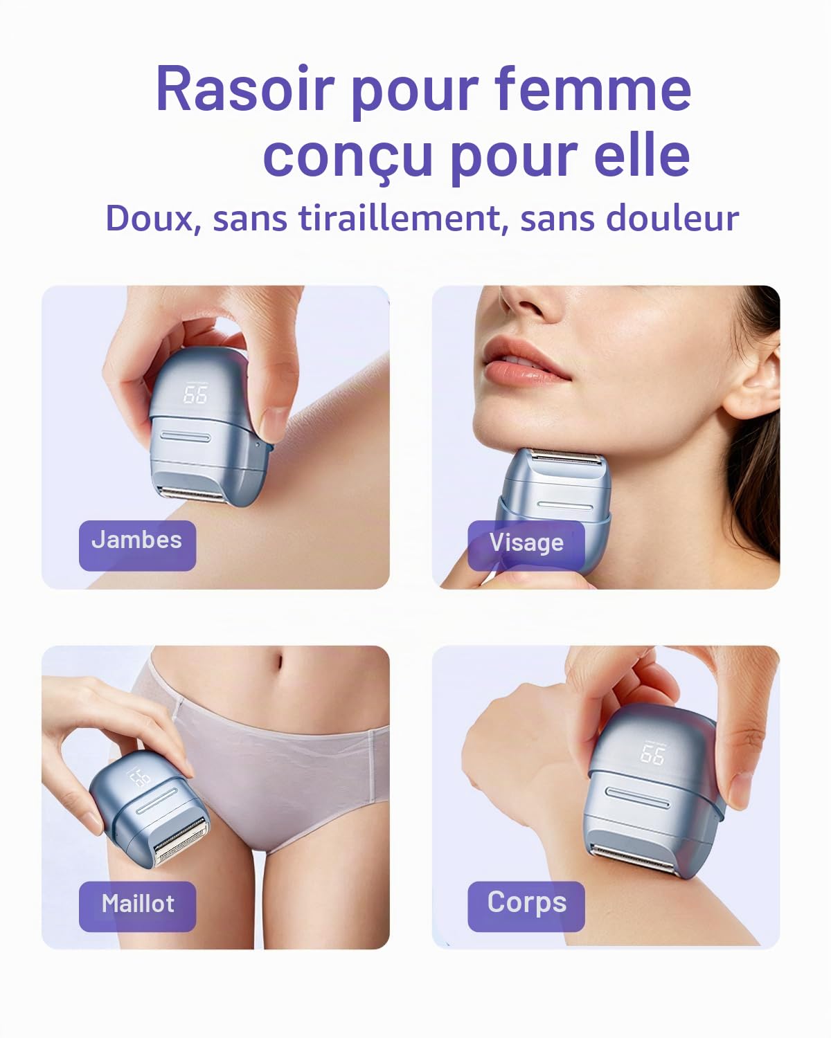 Rasoir électrique sans fil pour femme : tondeuse bikini étanche IPX6 avec affichage LED – Rasoir humide/sec rechargeable pour le visage, le corps et les poils pubiens (violet)
