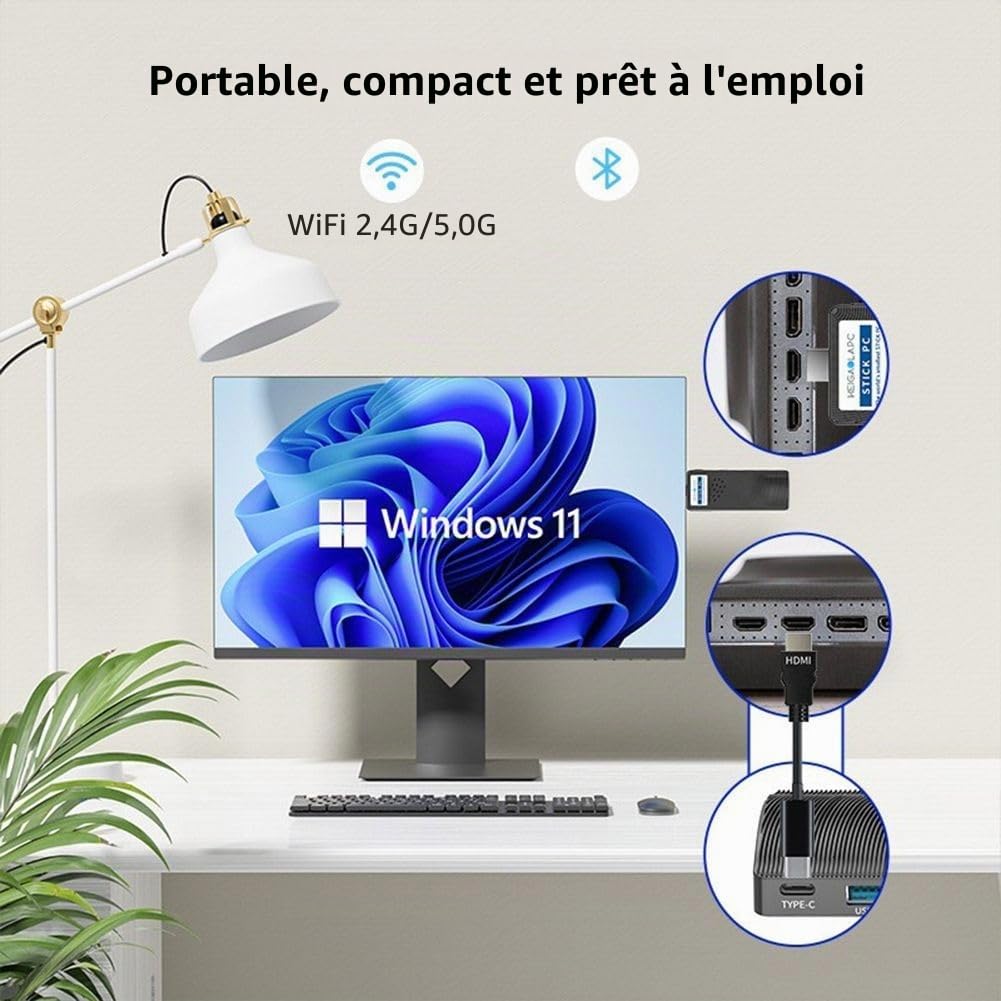 Mini PC Stick J4125 Win 11 Pro Fanless 8 Go 128 Go WiFi5 2.0 Computer Ordinateur Ordinateur D'Ordinateur Portable Compatible 4K