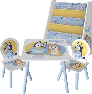 Bluey Kids Table & Chairs Set with Wooden Bookshelf Bundle – Activity Table with 2 Chairs & Front-Facing Book Storage Rack – Official Furniture Set for Bedroom & Playroom