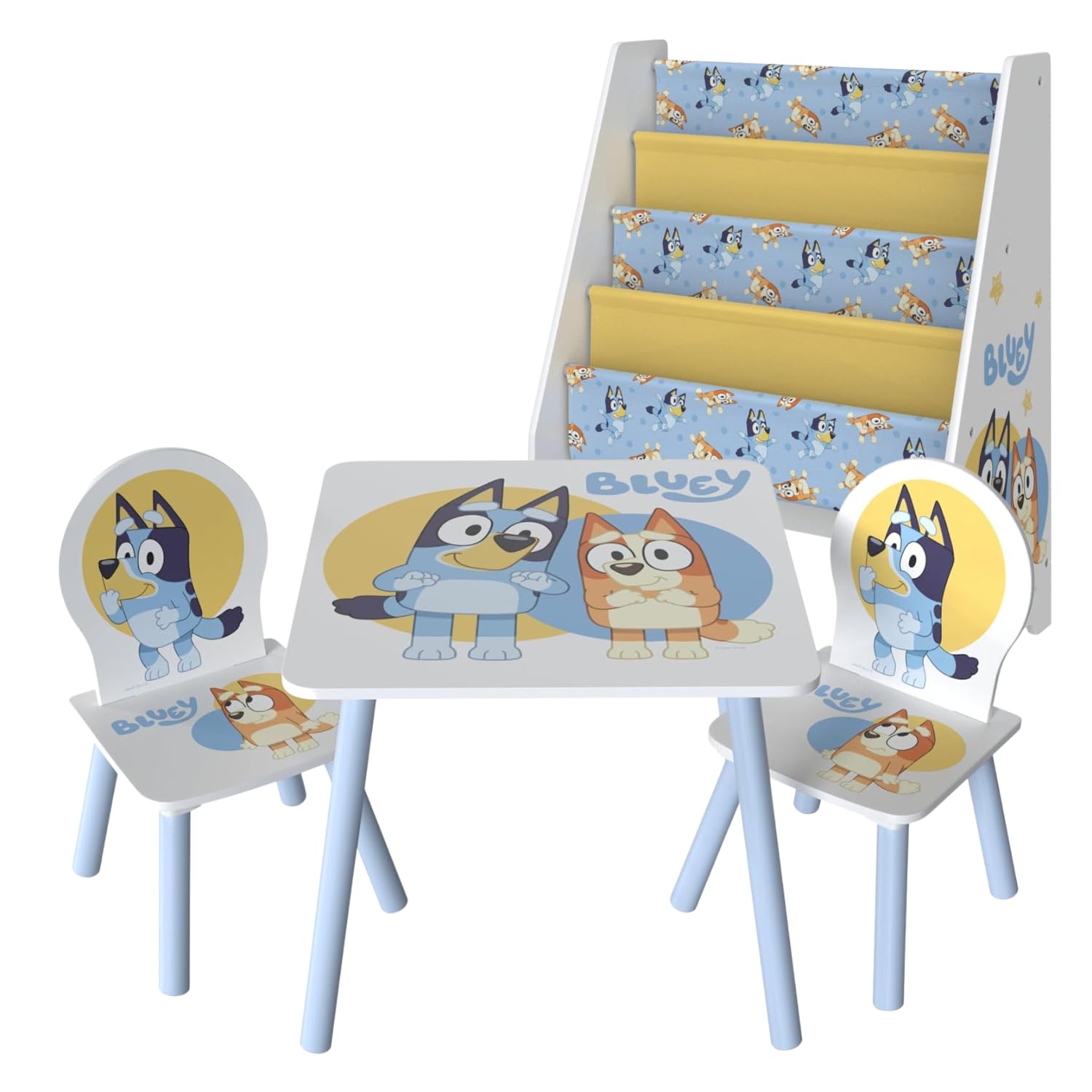 Bluey Kids Table & Chairs Set with Wooden Bookshelf Bundle – Activity Table with 2 Chairs & Front-Facing Book Storage Rack – Official Furniture Set for Bedroom & Playroom