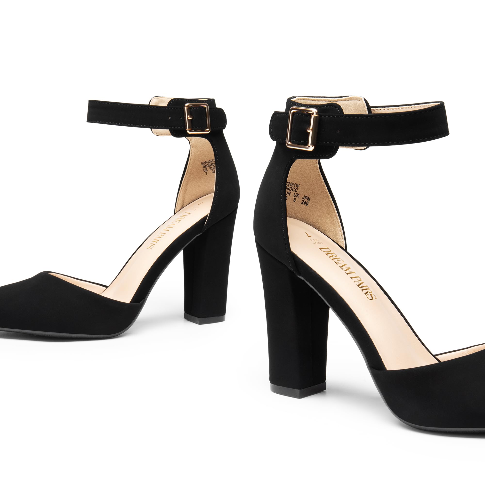 DREAM PAIRS Zapatos de tacón alto grueso para mujer, con puntera cerrada, puntera puntiaguda, correa al tobillo, para bodas y fiestas