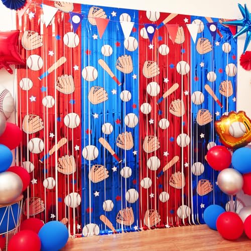 Baseball Party Decorations 2 Pack Baseball Birthday Party Photo Booth Prop Red Blue Fringe Curtains Photo Streamers Backdrop for Sport Themed Birthday Party Wall Door Sign Decor