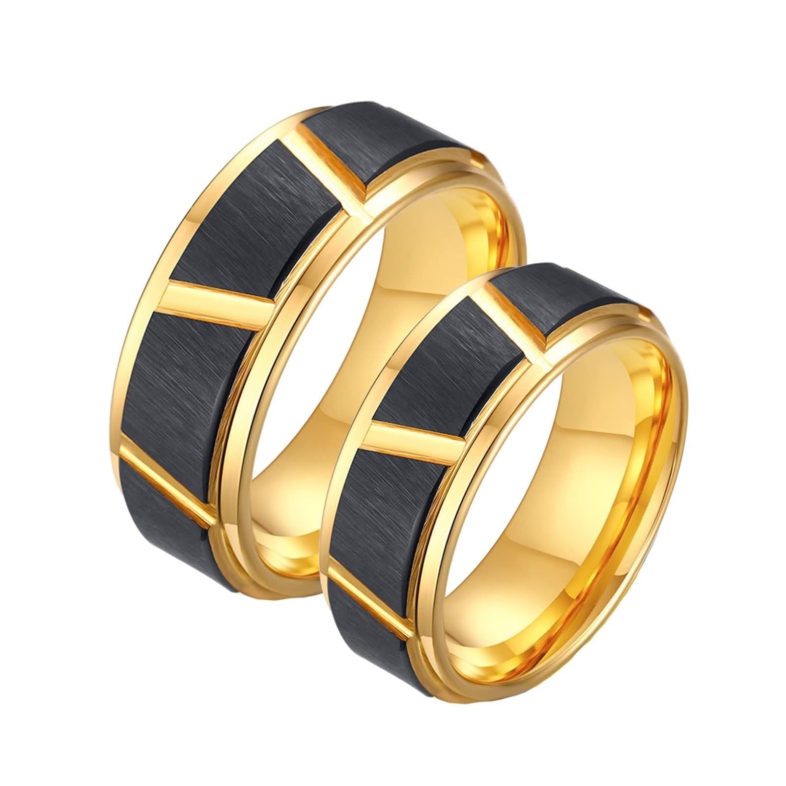 Bague Alliance Couple en Tungstene, Bague de Promesse Couple Gravure Bague Brossée Noire Plaquée Or 8 mm, Ensemble Alliance Couple