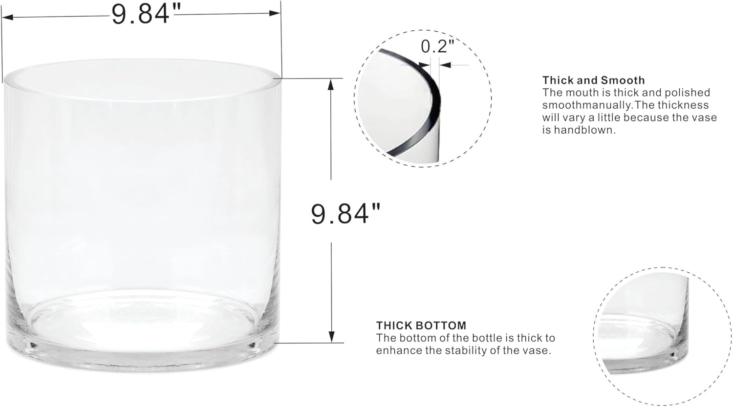 10" Wide 10" Tall Large Hand Blown Sturdy Clear Cylinder Glass Vase, Centerpiece Flower Vase for Rose, Tulip, Boquets, Hurricane Candle Holder (1, 10"x10")