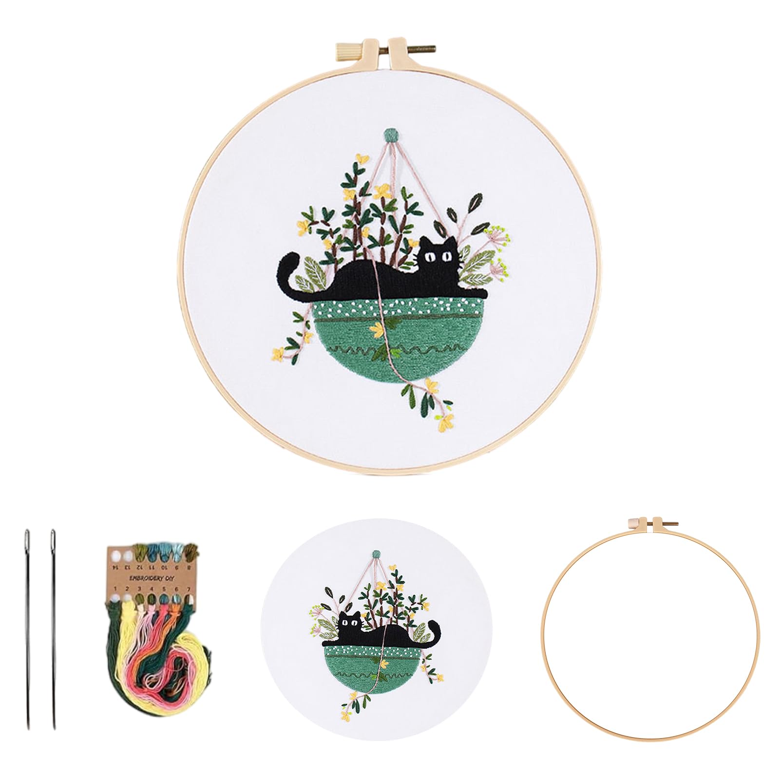 刺繍キット 刺しゅうキット 刺しゅう 刺繍針 刺繍用布 初心者でも楽しめる 猫 DIY刺繡工具 かわいい おしゃれ 手作り 贈り物 黒猫 植物 きれい プレゼント 趣味養成 贈り物 (ねこ C)