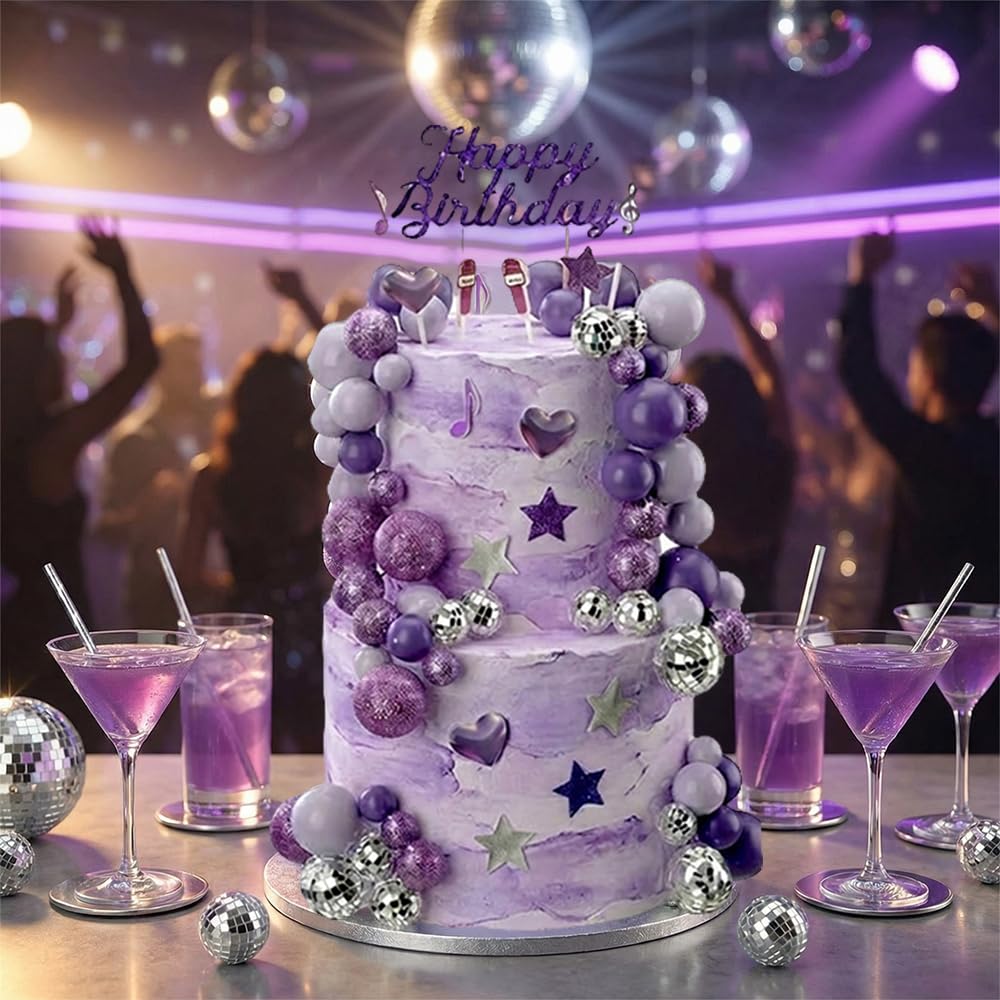 32Pcs Disco Balls Cake Toppers, Glitter Happy Birthday Sign with Silver Disco Balls, Star and Heart Picks, 80s Musical Note Party Decorations for Birthday Party Decorations — view 4