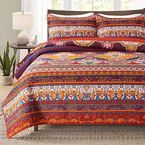HoneiLife Quilt Set King Size - 3 Piece Cotton Bedspreads Bohemia Coverlet Lightweight Bedcover Warm Bedding Set All Season Quilts,Red Cover