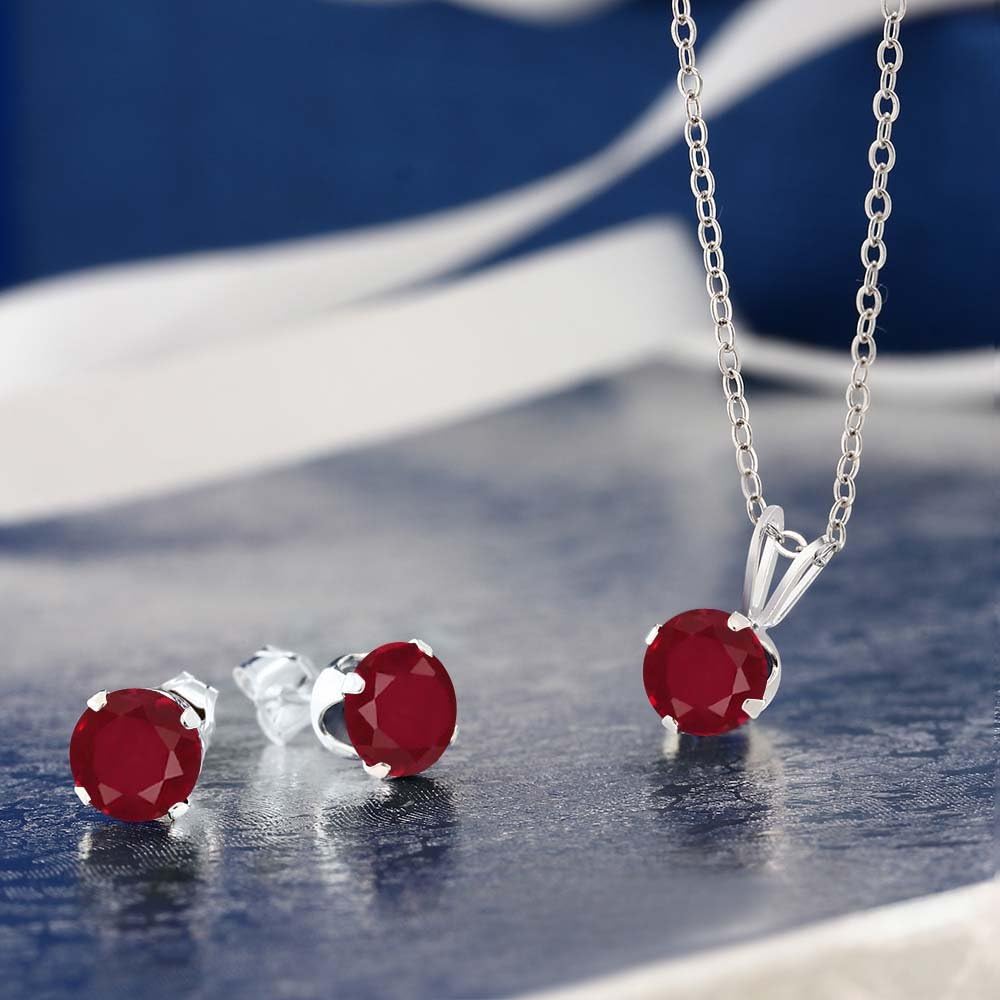 Gem Stone King 3.00 Ct Round Red Ruby 925 Sterling Silver Pendant and Earrings Jewelry Set With Chain - Image 2