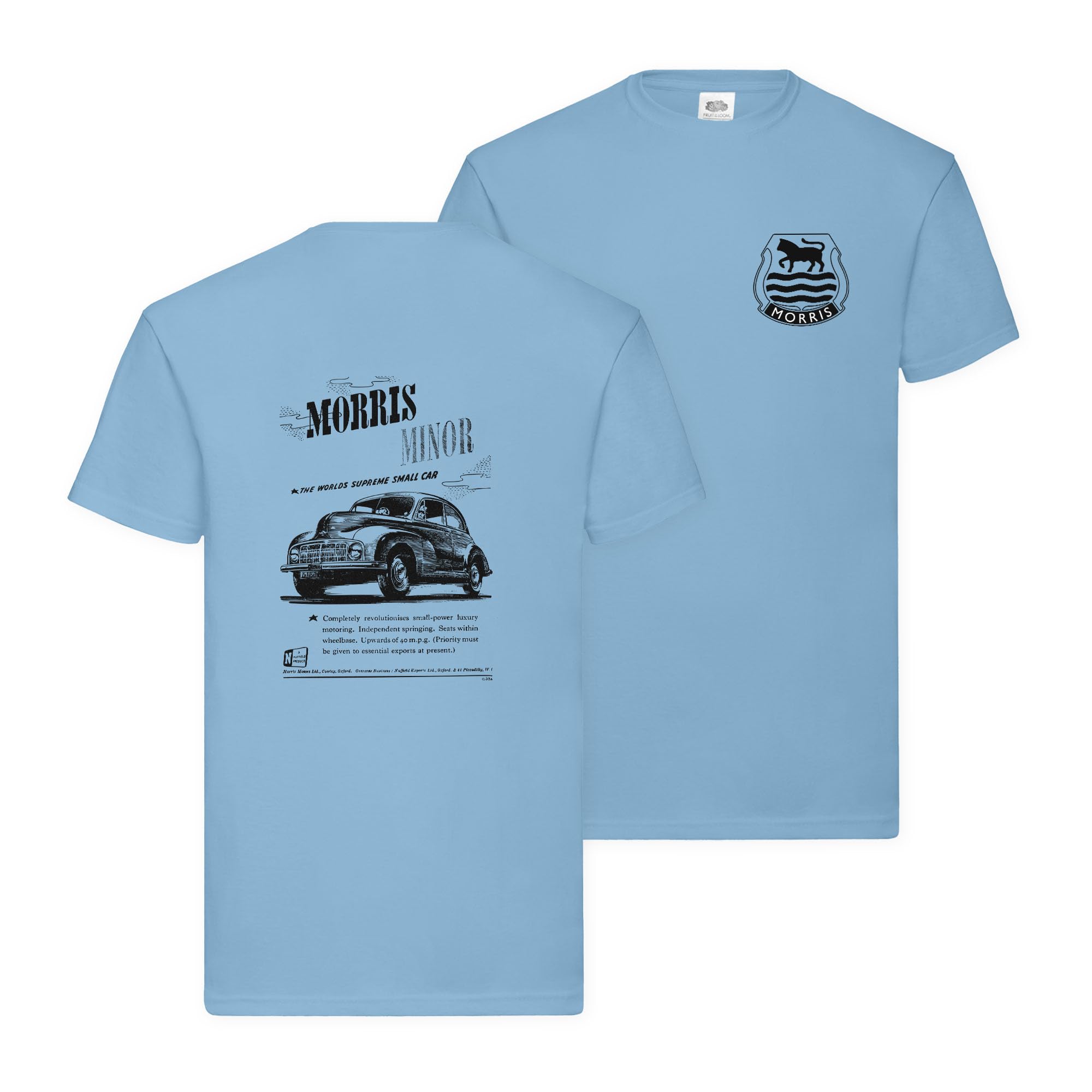 Morris Minor Vintage Advert T-Shirt British Sports Car Licenced Product (UK, Alpha, XL, Regular, Regular, Sky Blue)