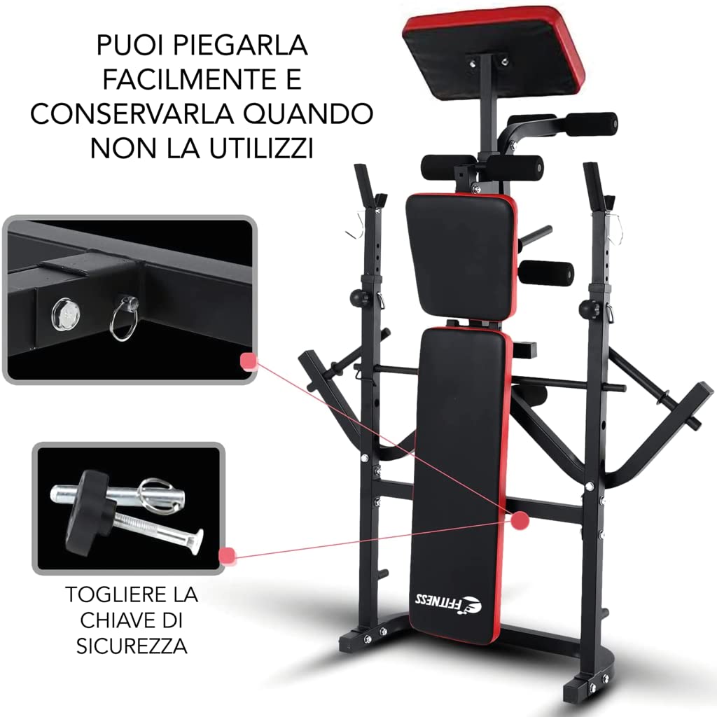 FFitness Panca Pesi Pieghevole Multifunzione Palestra Pettorali con Supporto Bilanciere e Schienale Regolabile