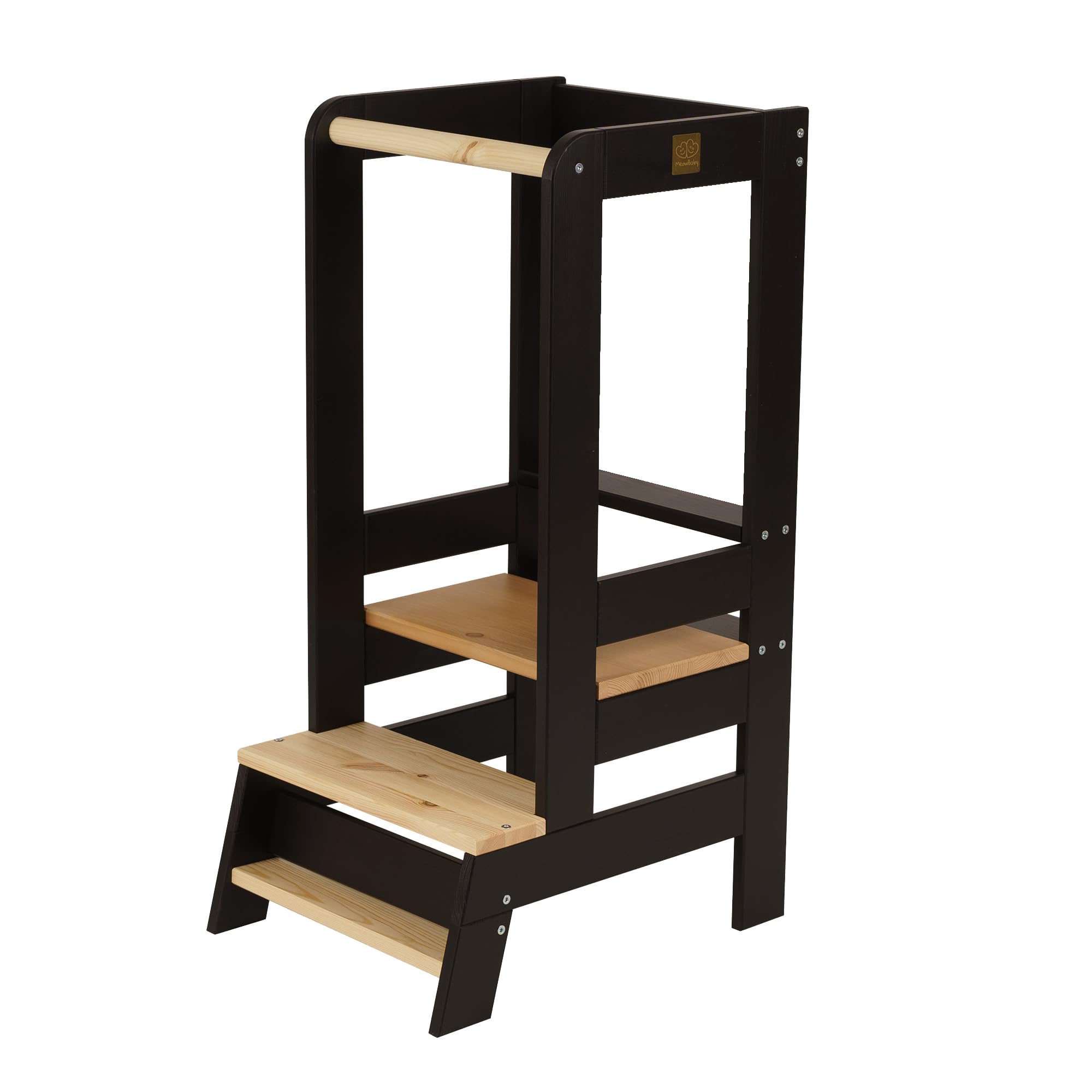 MEOWBABY Lernturm – Höhenverstellbarer Montessori Learning Tower für Kinder – Lernturm ab 1 Jahr – Sicherer Kinder Tritthocker – Holz Küchenhelfer für Küche & Alltag, Schwarz-Natur