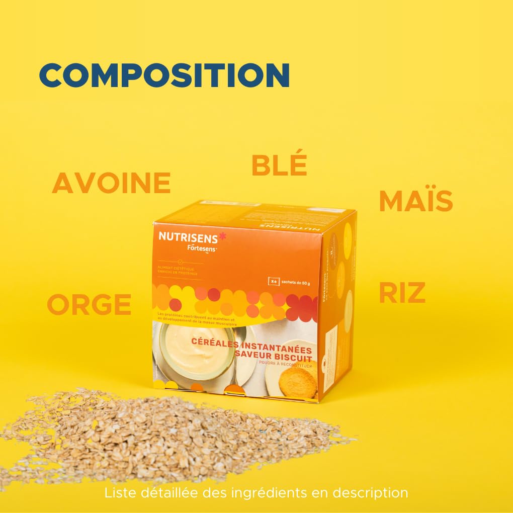 NUTRISENS - Porridge Protéiné - Saveur Biscuit - Sachets 50g | 27g de protéines / 100g - 12 vitamines et minéraux. Petit-déjeuner ou collation idéal pour sportifs, adultes et seniors.