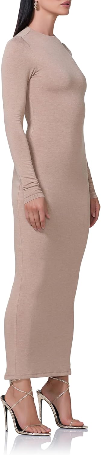 AFRM Women's Juniper Mock Neck Long Sleeve Midi Bodycon Dress, Heather Taupe, 3X - Image 3