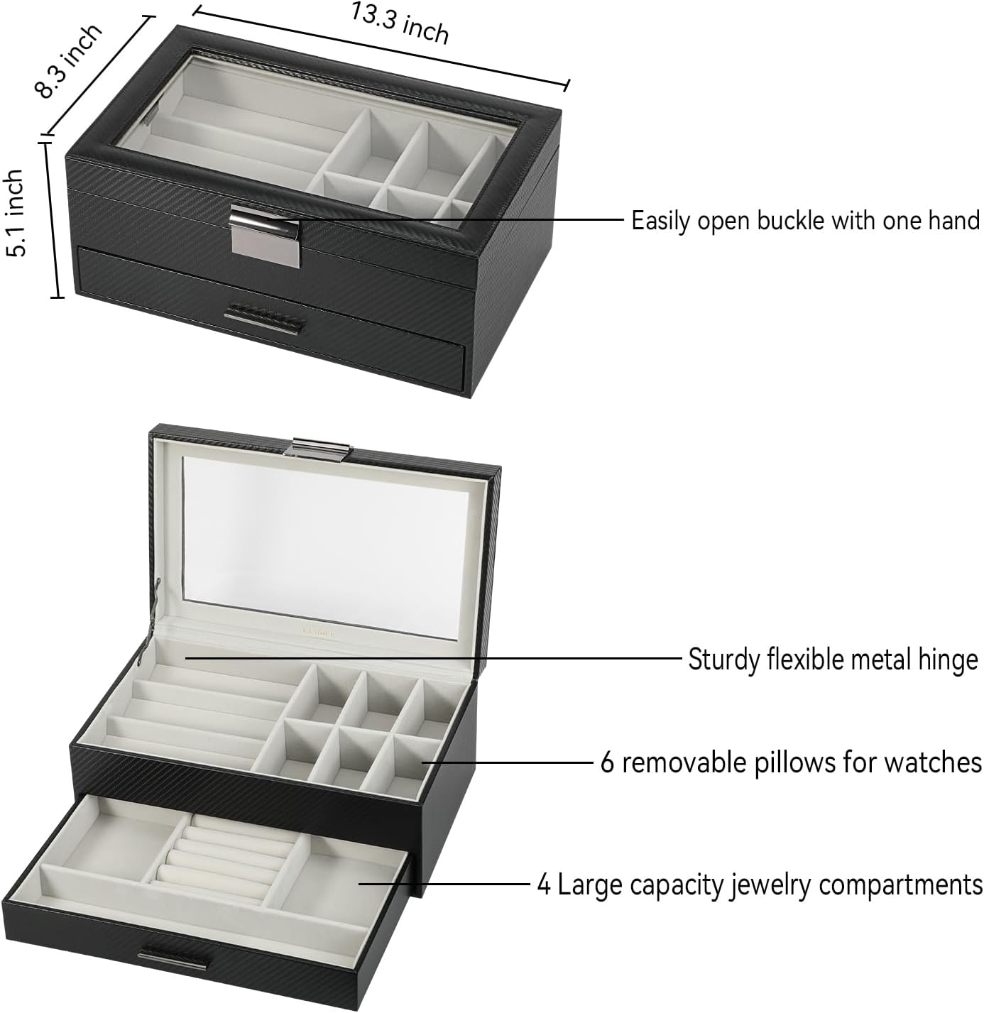 LANDICI Watch Box for Men Women 2 Layer PU Leather Watch Organizer Storage Case,Large Jewelry Box Watch Holder Organizer Display for Watch Sunglasses Bracelet Necklace Ring,Black & Grey