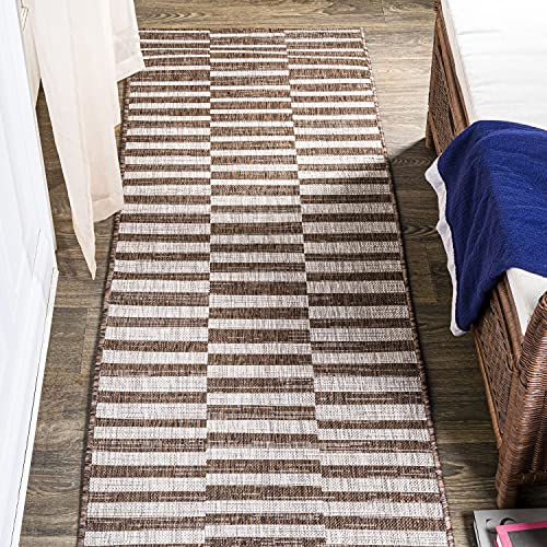 JONATHAN Y Offset Stripe Indoor Outdoor Runner Rug 2X10 Brown/Beige, Sukie Modern for Backyard, Patio, Porch, Easy-Cleaning, High Traffic, Pet-Friendly, Non-Shedding (SMB133B-210)