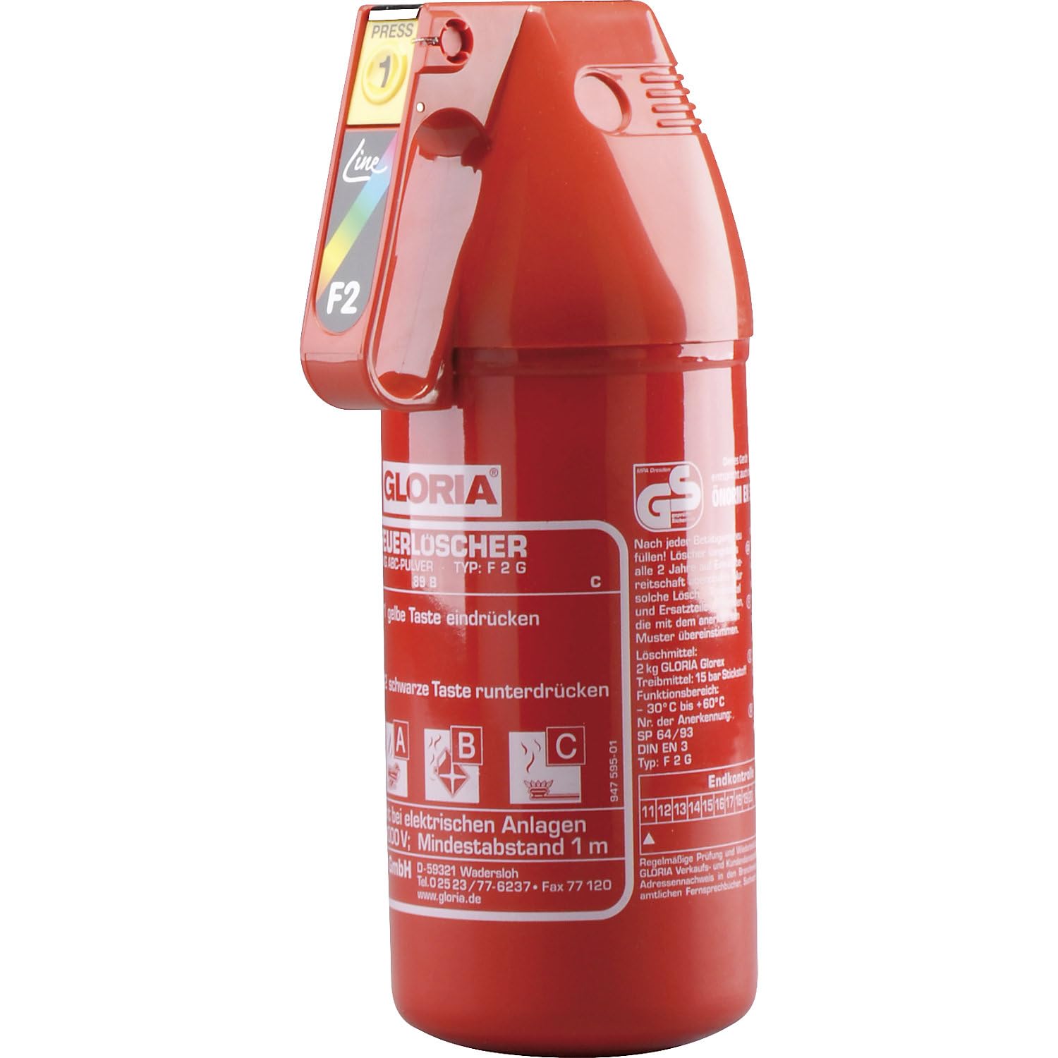 GLORIA | Pulver-Kompakt-Feuerlöscher | Inhalt 2 kg | Brandklasse A+B+C