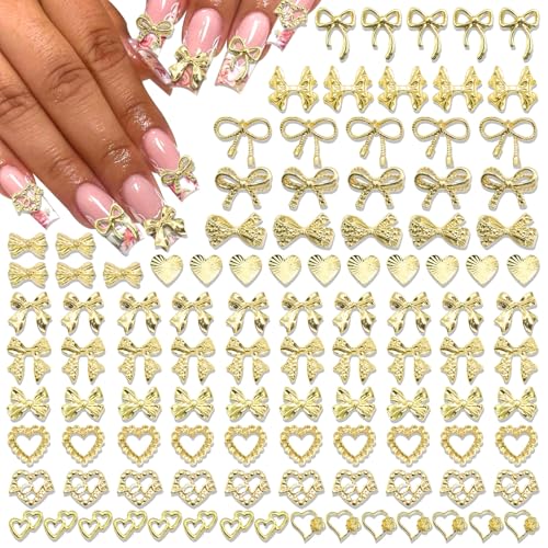 BELICEY 110Pcs Bow Heart Nail Charms Gold 3D Metal Bow Charm for Nails Flatback Heart Bowknot Nails Decoration Cute Nail Bows for Women Manicure DIY Nail Art Design Crafts