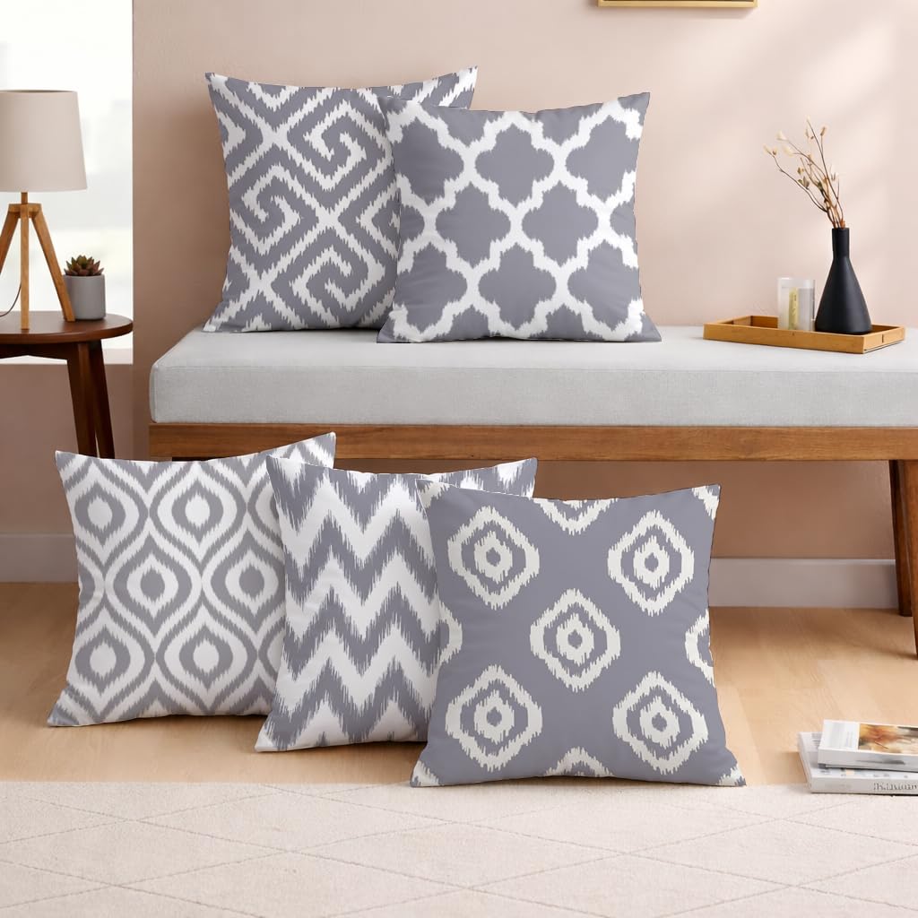 STITCHNEST Set of 5 Polycotton Cushion Covers – 16x16 Inches – Grey & White Ikat Geometric Print – Elegant Cushion Covers for Sofa & Living Room | Perfect for Home Decor