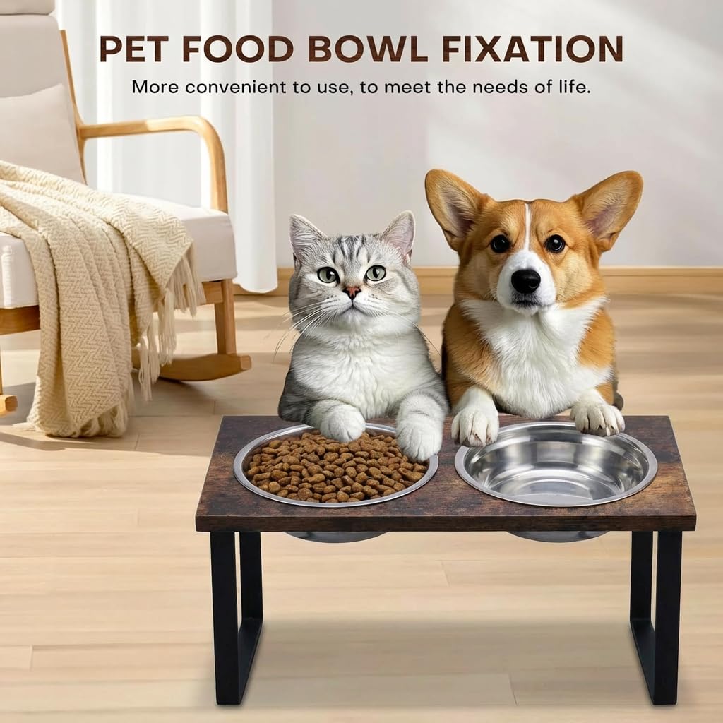 Soporte elevado para cuencos para perros medianos y grandes, comedero elevado de MDF con 2 cuencos de acero inoxidable, juego de platos inclinados para comida y agua para perros, estación de