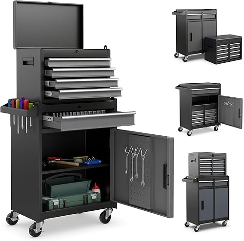 IRONMAX Caja de herramientas con ruedas, armario de herramientas con cerradura de 5 cajones con estante ajustable y 4 ruedas universales, caja de