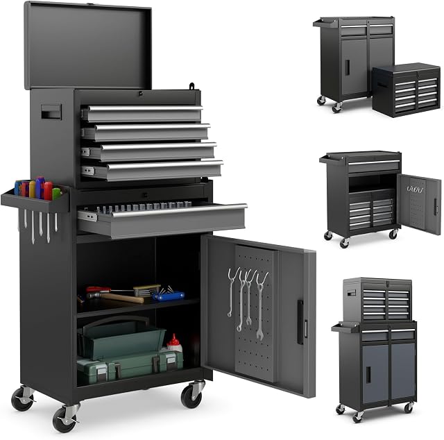 IRONMAX Rolling Tool Chest, 5-Drawer Lockable Tool Cabinet w/Adjustable Shelf & 4 Universal Wheels, 2 in 1 Detachable Tool Box Storage Organizer for Garage Workshop Repair Shop (Black & Grey)