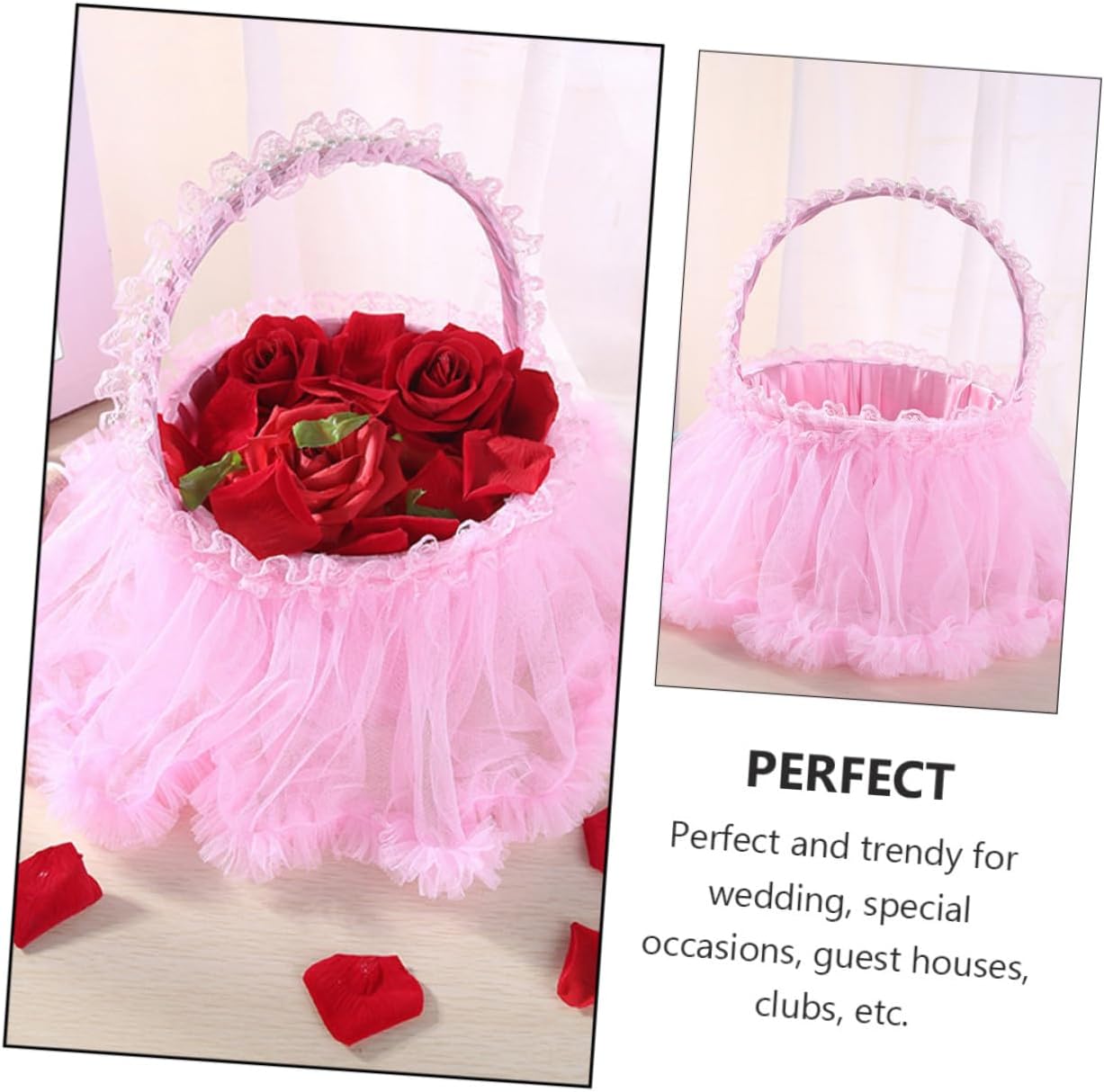 Pink Lace Flower Girl Basket Wedding Petal Scattering Basket Bridesmaid Flower for Romantic Ceremony Supplies