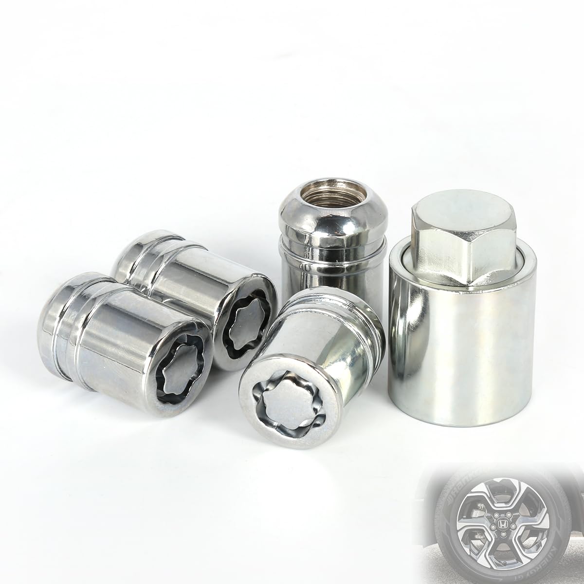 Anti-Theft Wheel Lock Lug Nuts, M12x1.5, 4-Piece Set + 1 Hex Key, Compatible with Honda Accord, CR-V, Civic, HR-V，Replace 08W42-SNA-101