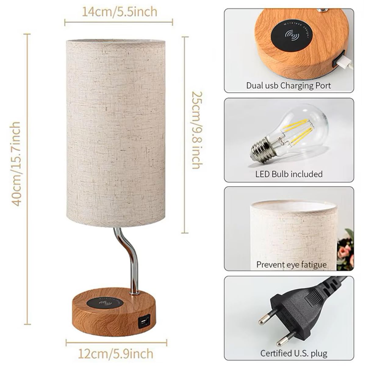 Kwadratowa Lampa Stołowa LED, Nowoczesna ściemnialna Lampka Nocna Z Abażurem Lnianym, Z Gniazdem USB/typu C, Podstawa E26/E27, 3 Tryby światła, Do Sypialni Stolika Nocnego I Gabinetu(Wood)