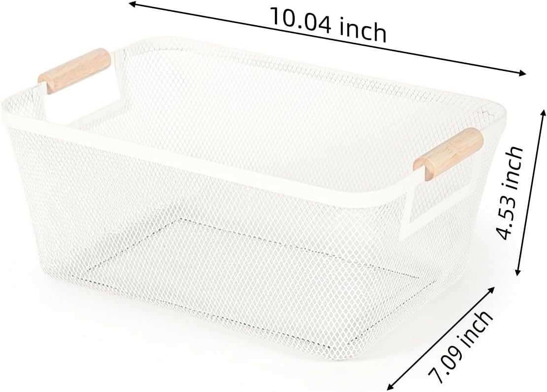 2-Pack Metal Mesh Basket, Small Wire Storage Organizer with Wood Handle for Kitchen Pantry, Bathroom, Cabinet, Closet, Picnic & Home Organization, Small, White