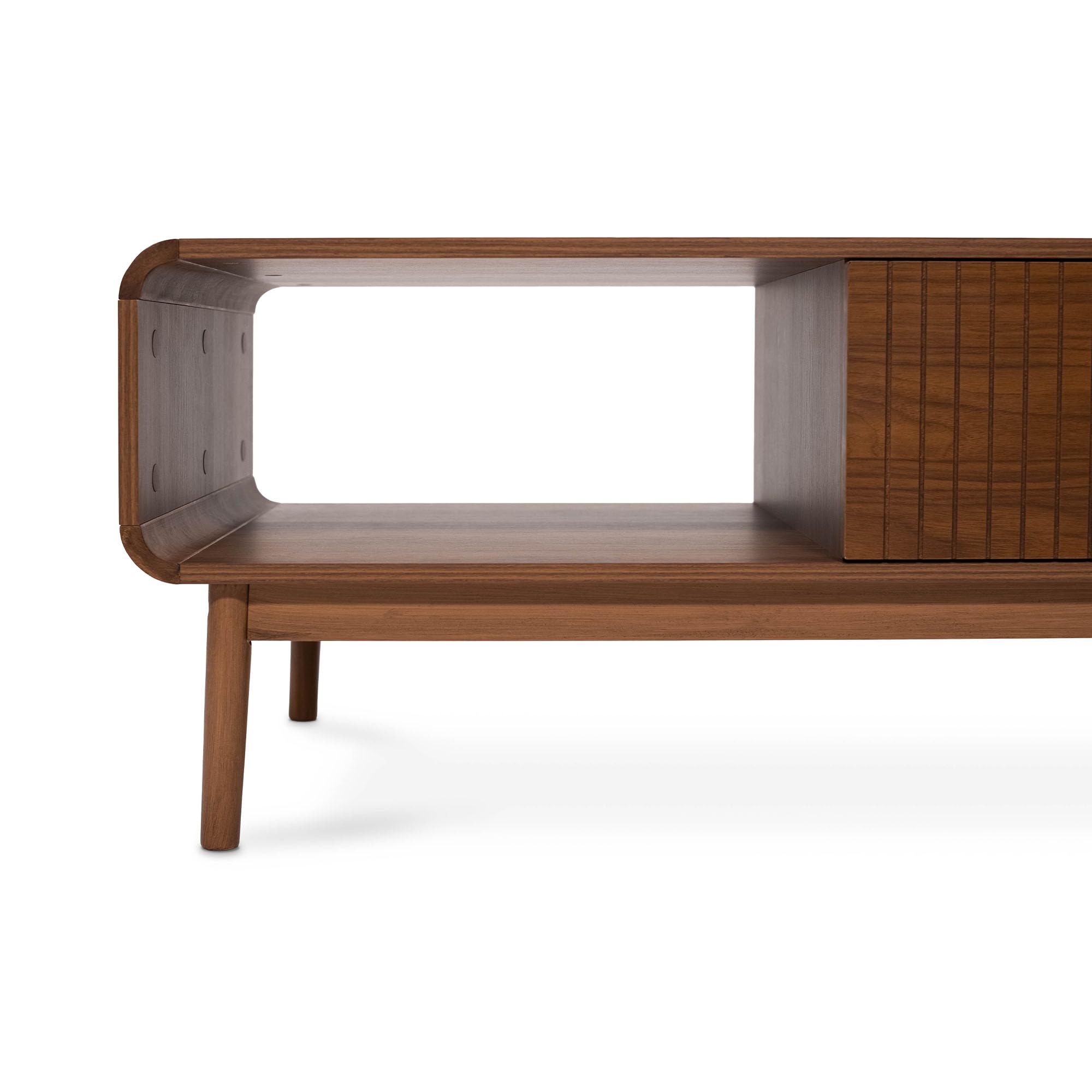 Table Basse rétro 105 x 50 x 45,5 cm Finition Noyer - Milo 1 tiroir Rangement Niche Ouverte Style Vintage Plateau spacieux Pieds pin Robustes Salon Charge 50 kg Montage Facile